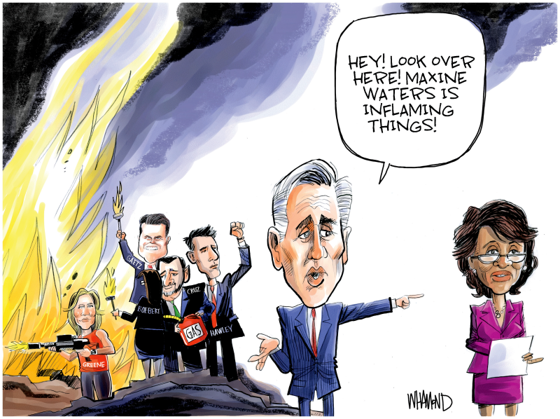 Throwing Waters on the flames, Dave Whamond,Canada, PoliticalCartoons.com,Maxine Waters,Democratic Congresswoman,GOP leader,Kevin McCarthy,hypocrisy,accuses Waters of inflaming things,resolution to censure,comments on Derek Chauvin trial,Democrats block motion,GOP ignores insurrectionists within party,Republican finger pointing