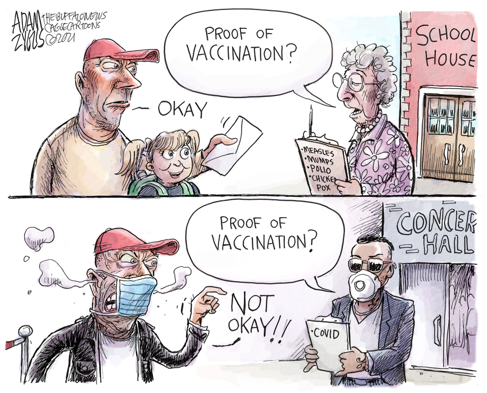 Cartoon contrasts school vaccine rules with concert COVID checks