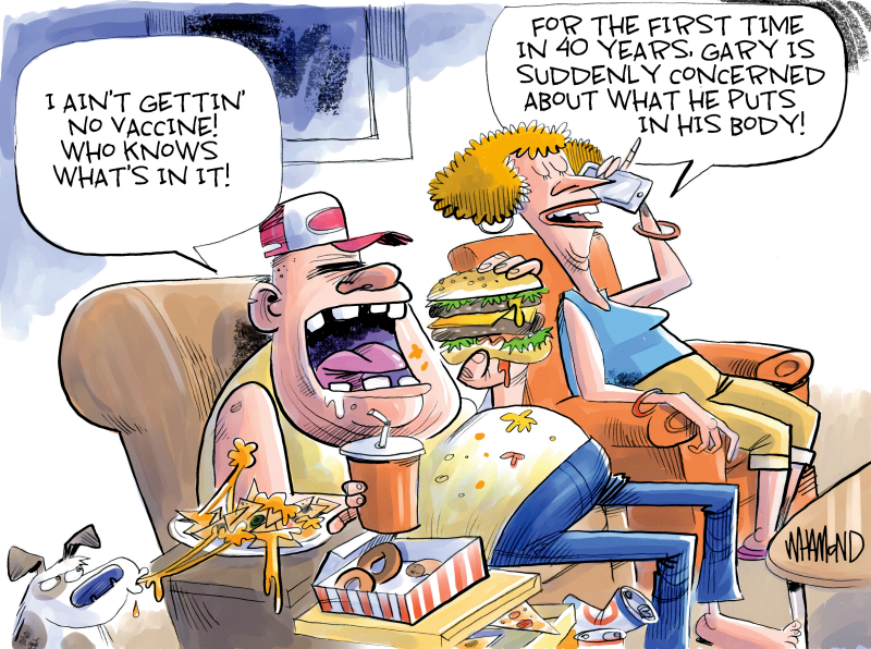 The Big Vaccine Theory, Dave Whamond,Canada, PoliticalCartoons.com,Vaccine hesitancy,conspiracy theories,microchips,Bill Gates,medical disinformation,anti-vaxxers,science deniers,herd immunity,many remain opposed,immunization reluctance,Biden's big challenge,blood clots,rumors,anti-scientific thinking,Republicans,fear