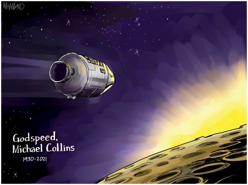 RIP Michael Collins, Dave Whamond,Canada, PoliticalCartoons.com,Michael Collins,tribute,RIP,NASA,Apollo 11,command module,Columbia,moon,American astronaut,dies at age 90,first mission to land on moon,1969,Neil Armstrong,Buzz Aldrin,lunar landing,orbited moon,the right stuff,third man,most famous space mission