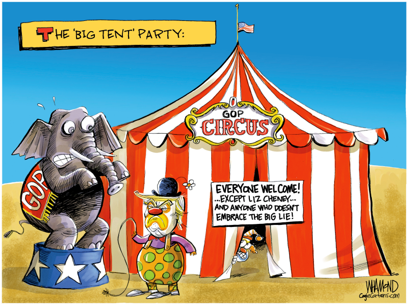 The Big Tent party, Dave Whamond,Canada, PoliticalCartoons.com,GOP,big tent party,rejects moderate Republicans,oust Liz Cheney,rejects big lie, election fraud falsehoods,Romney,Kinzinger,party of Lincoln,infighting,split,extremists,hijacked GOP,demise of party,loyal Republicans,no place in party,circus,Trump,clown