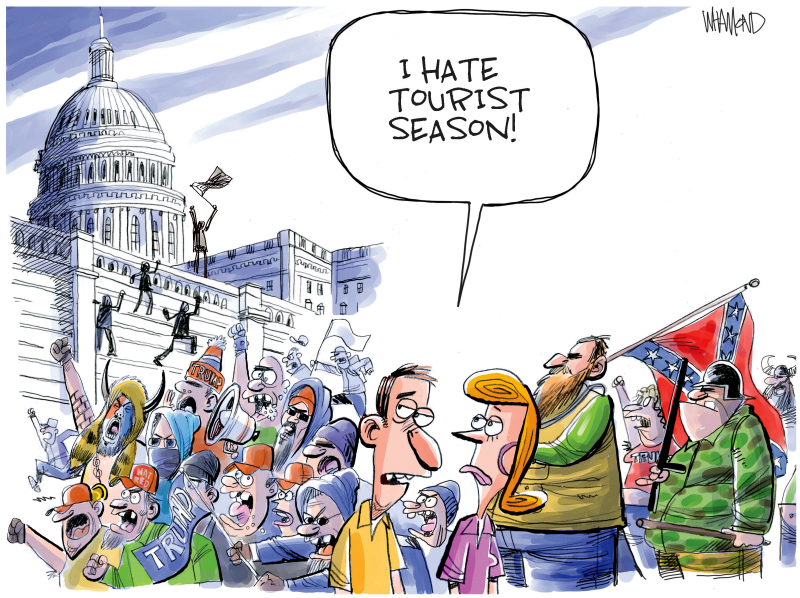 Tourist season, Dave Whamond,Canada, PoliticalCartoons.com,Tourists,GOP,Capitol riots,Trump supporters,Rep. Clyde,Republican congressman,compared riot to tour visit, downplaying Jan. 6,backlash,insurrection denial, despite TV footage,evidence,House hearing,GOP wearing blinders,Trump loyalists, mob,riots,big lie