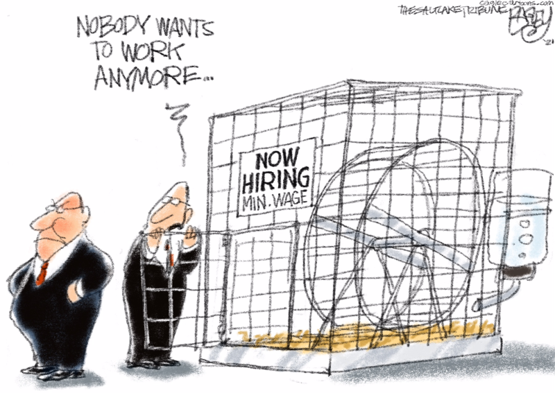 Hard to Hire, Pat Bagley,The Salt Lake Tribune, UT,Work, jobs, apply within, now hiring, business, minimum wage, livable wage, dead end jobs