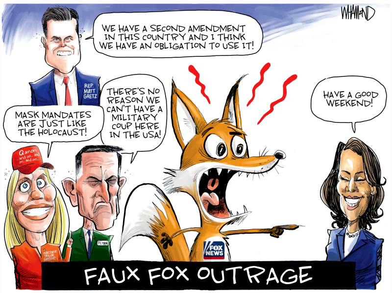 Faux Fox outrage, Dave Whamond,Canada, PoliticalCartoons.com,GOP silent,outrageous statements,Gaetz,Marjorie Taylor Greene,Flynn,insensitive comments ignored,FOX news,hypocritical,attacks VP Kamala Harris,prememorial day tweet,pays tribute to vets,veep,military coup,Myanmar,mask mandates,holocaust,second amendment