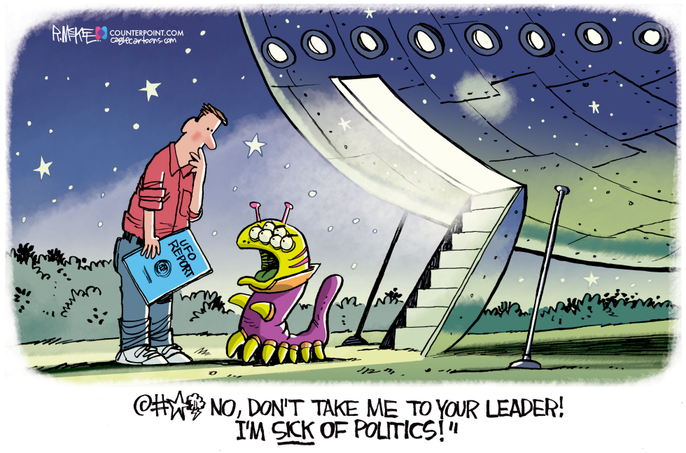 Alien Balks at Meeting Leader, Cites Politics Fatigue in UFO Report Cartoon