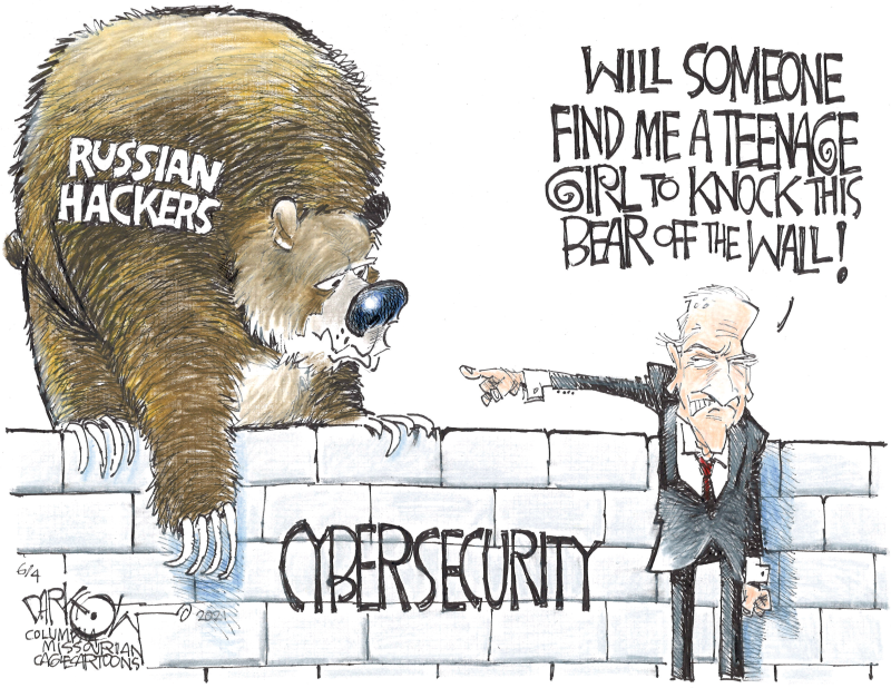 Cybersecurity hackers, John Darkow,Columbia Missourian,Putin, Biden, Russianbased, FBI, cybercrimes, ransomware, infrastructure, fuel supply, food supply, transportation, meat, hack, hackers, cybersecurity, JBS