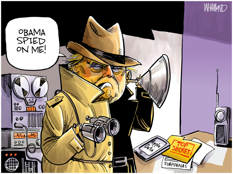 Spy Game, Dave Whamond,Canada, PoliticalCartoons.com,Trump,accuses others of spying,conspiracy theory,Obama,seized records,gross abuse of power,weaponizing DOJ,spying on political opponents,Swalwell,Schiff,Democrats,journalists,subpoenaed Apple,metadata,phone  email communications,spy,AG Barr,investigation