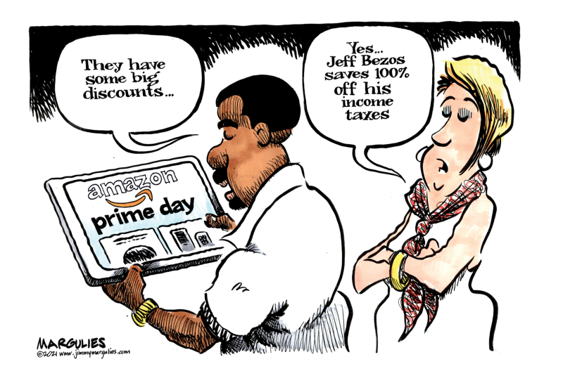 Amazon Prime Day, Jimmy Margulies,Politicalcartoons.com,Amazon Prime Day, Jeff Bezos, Income Taxes, IRS, Income inequality