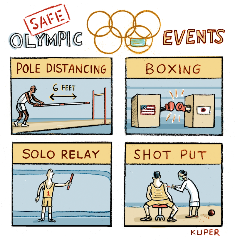 Safe Olympic Events, Peter Kuper,PoliticalCartoons.com,2020 2021 olympics, japan, boxing, shot put, races, athletes, pole vaulting, covid, coronavirus, mask mandates, delta, pandemic, mutation, disease spread, safe protocol indoor events, isolation,crowds, stadiums, games, gold medal, competion 