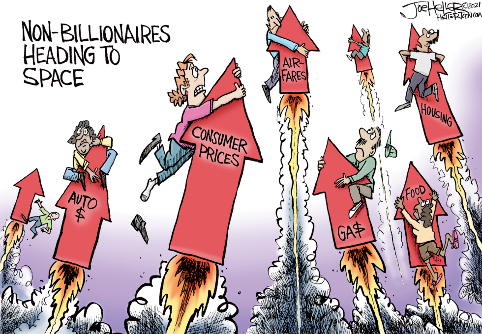 Cartoon shows non-billionaires launched skyward by surging consumer prices