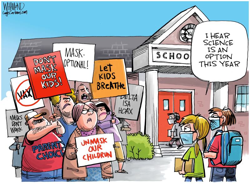 Science is an option, Dave Whamond,Canada, PoliticalCartoons.com,Back to school,masks,uncertainty,cases surging,parents protesting mask mandates,CDC,misinformation,ignorance,antimaskers,antivaxxers,science deniers,mask optional,Florida,Desantis,school boards defies Governor,battle over school masking escalates,masks
