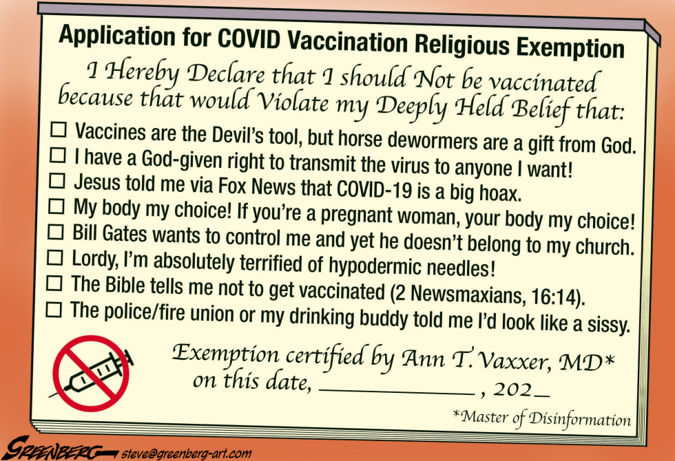 RELIGIOUS EXEMPTIONS FOR VACCINATIONS by Steve Greenberg