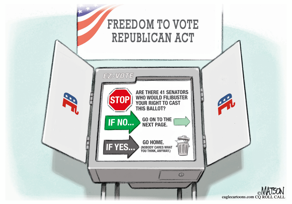 Republican Voting Rights Act cartoon depicts Senate filibuster blocking ballot access