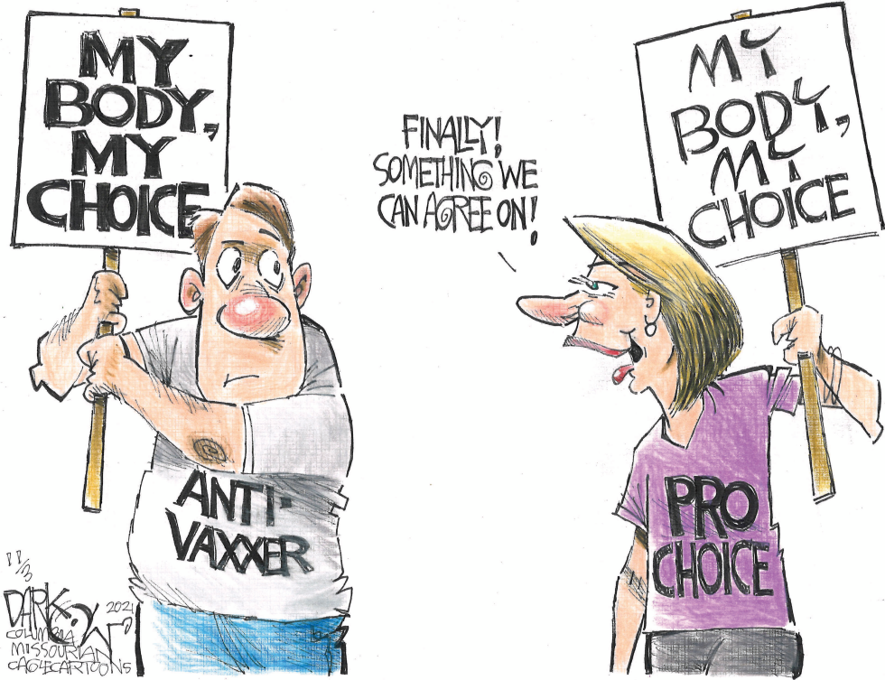 Anti-vaxxer and pro-choice figures unite under same slogan cartoon