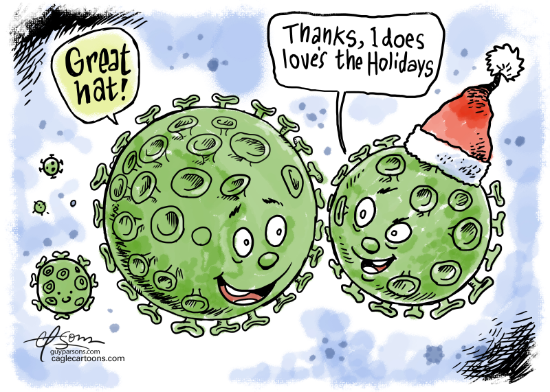 Another Covid Christmas, Guy Parsons,PoliticalCartoons.com,Covid19, vaccine, pandemic, variants, delta variant, fourth wave, vaxx, anti mask