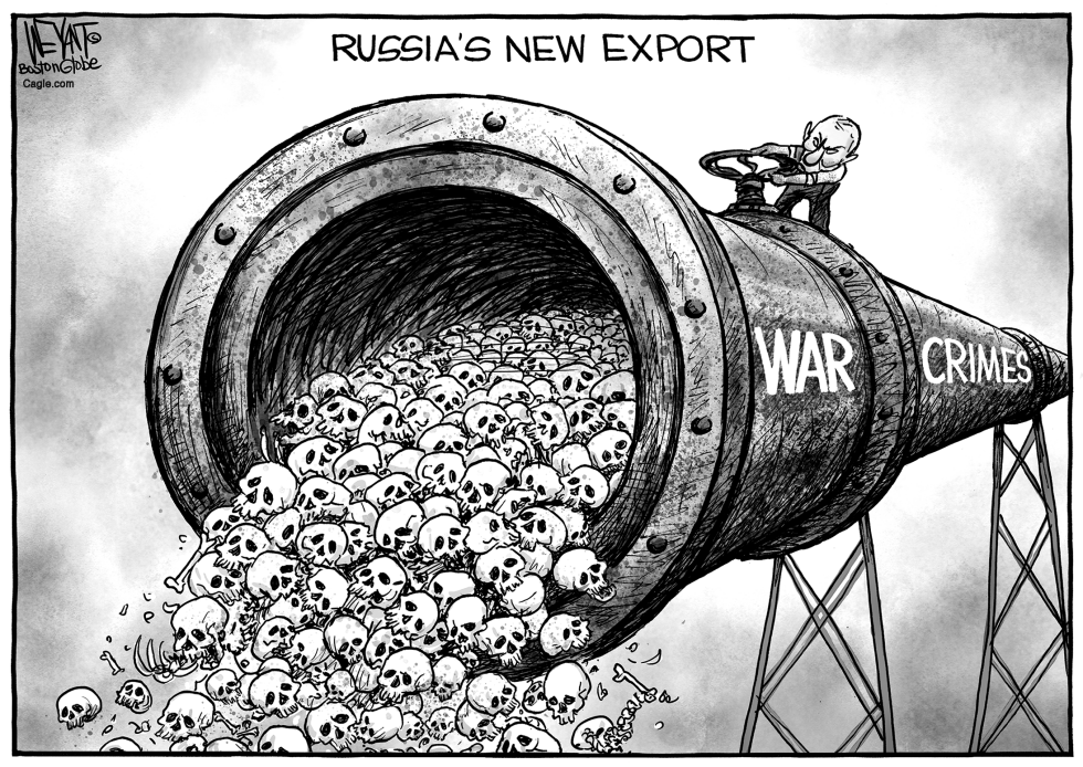 Cartoon shows Putin directing pipeline of skulls labeled war crimes