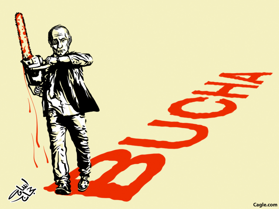 Putin shown holding bloody chainsaw over Bucha in new cartoon