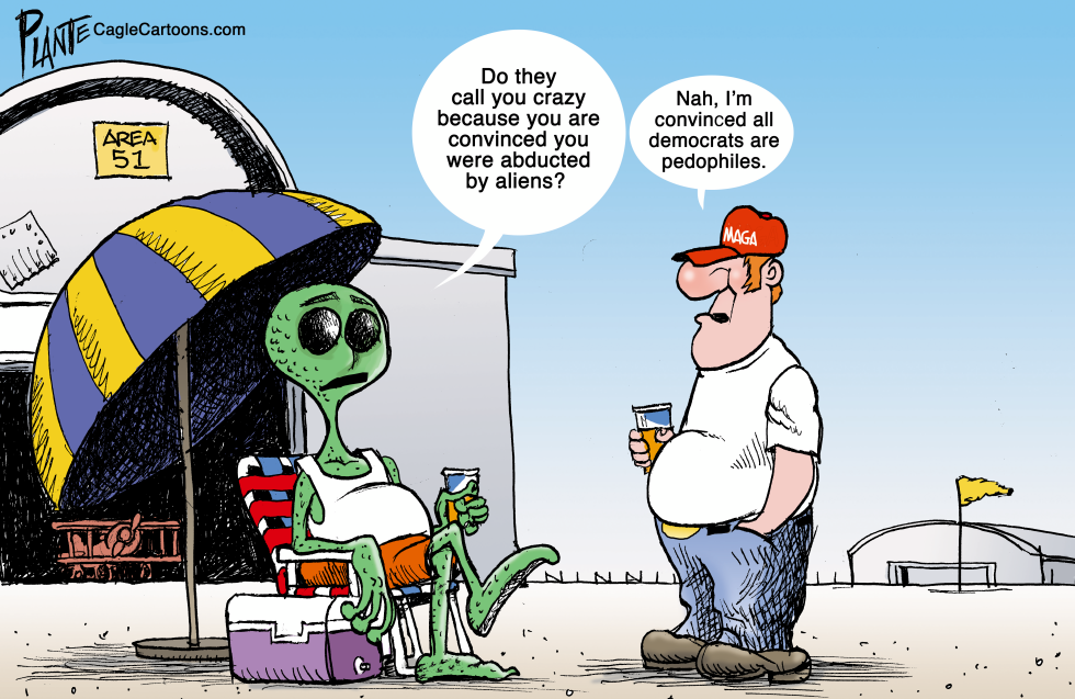 Alien at Area 51 Mocks MAGA Conspiracy Theorist in Satirical Cartoon