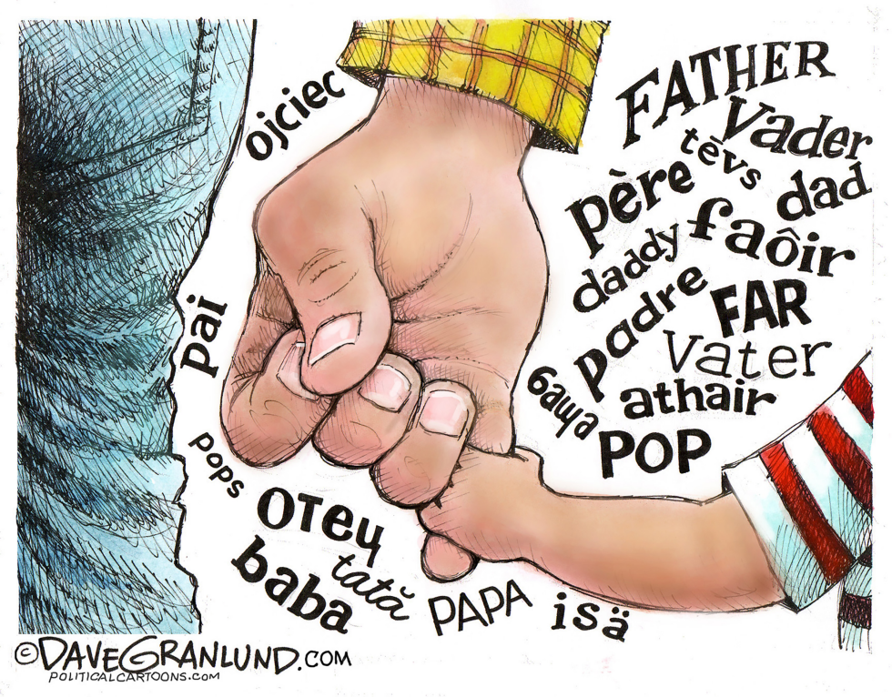 Father's Day bond shown through clasped hands and global words for dad.