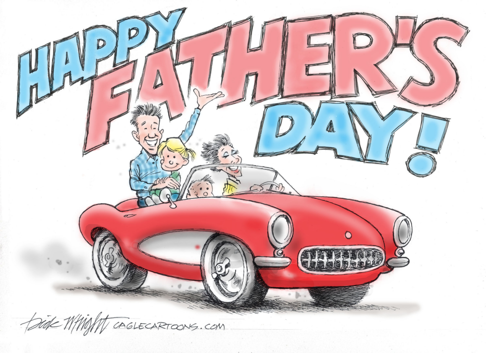 Father waves from red car with children on Father's Day.