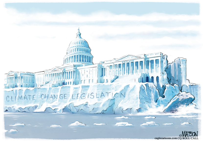 US Capitol shown as melting glacier with climate legislation text
