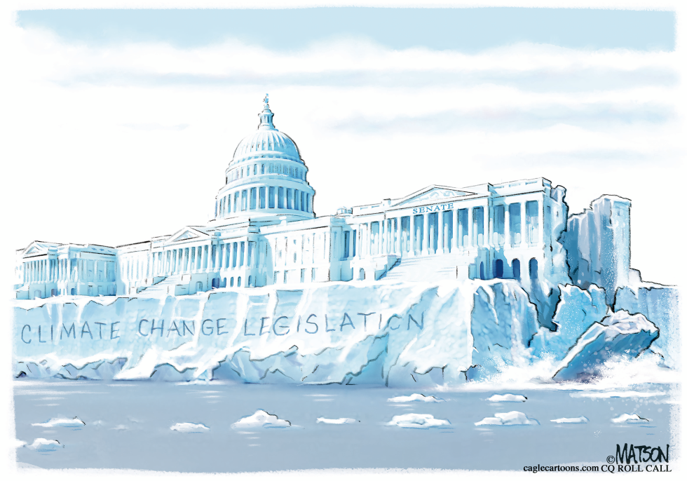 US Capitol shown as melting glacier with climate legislation text