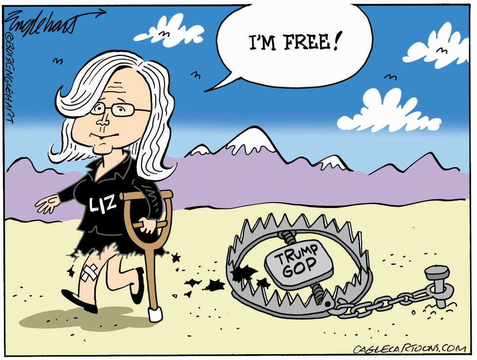 Liz Cheney Depicted Walking Free After Escaping Labeled Trap