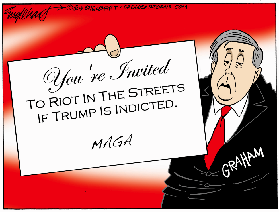 Lindsey Graham depicted holding invitation urging riots if Trump faces indictment
