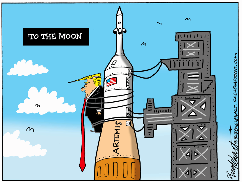 In this political cartoon, Donald Trump caricature rides the Artemis rocket to the moon, blending space exploration with satirical humor.