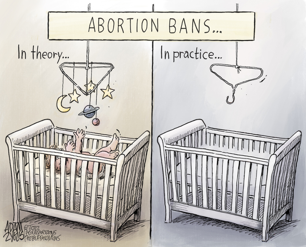 Cartoon contrasts promised support for infants with empty cribs after state abortion bans