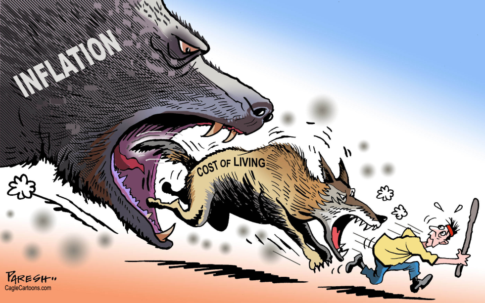 Inflation depicted as bear pursuing cost of living wolf and consumer