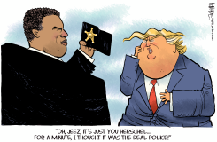 HERSCHEL SHOWS TRUMP BADGE by Rick McKee