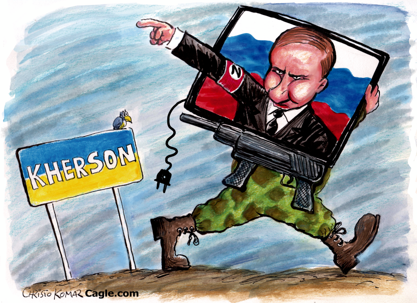 Putin Runs from Kherson Sign as Russian Forces Withdraw