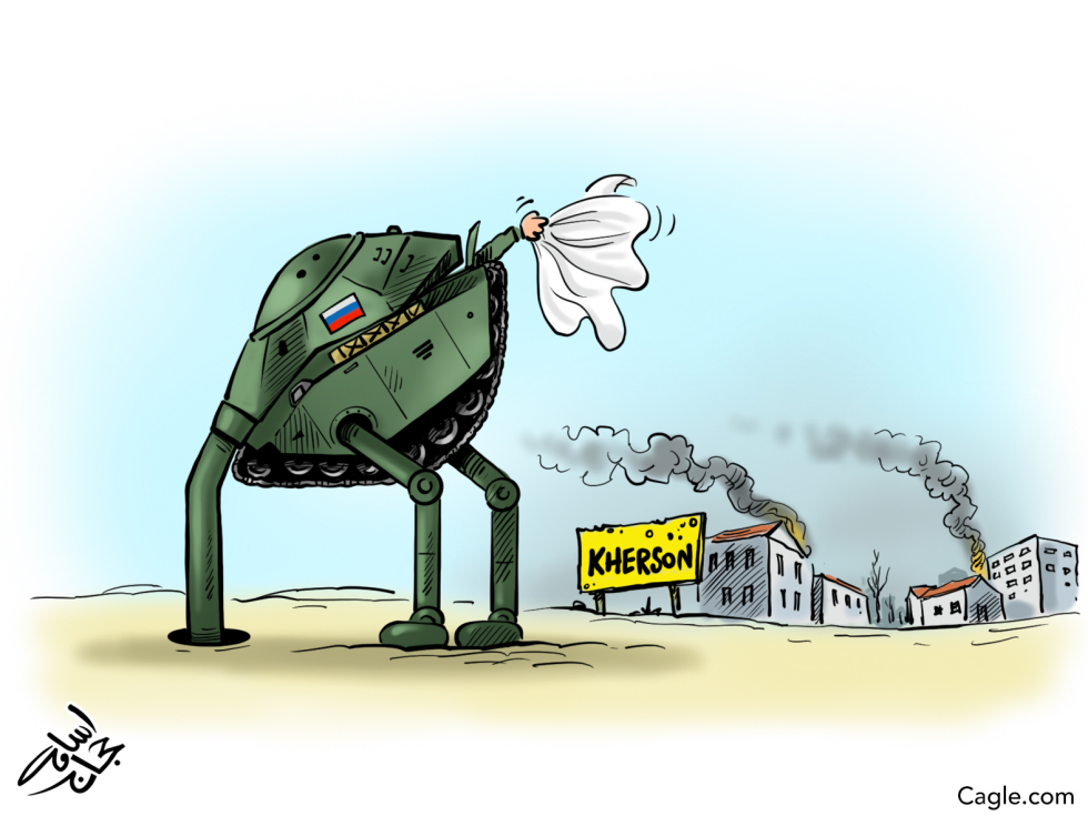 Russian tank on stilts waves white flag over burning Kherson