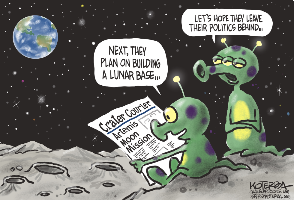 Green aliens on the moon discuss NASA's Artemis mission, hoping politics stay on Earth amid plans for a lunar base.
