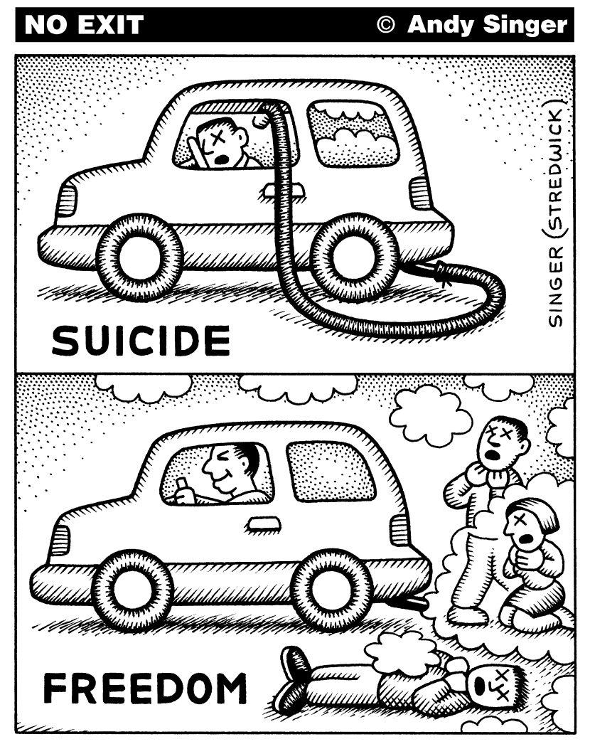 Suicide in car is bad but killing others is okay