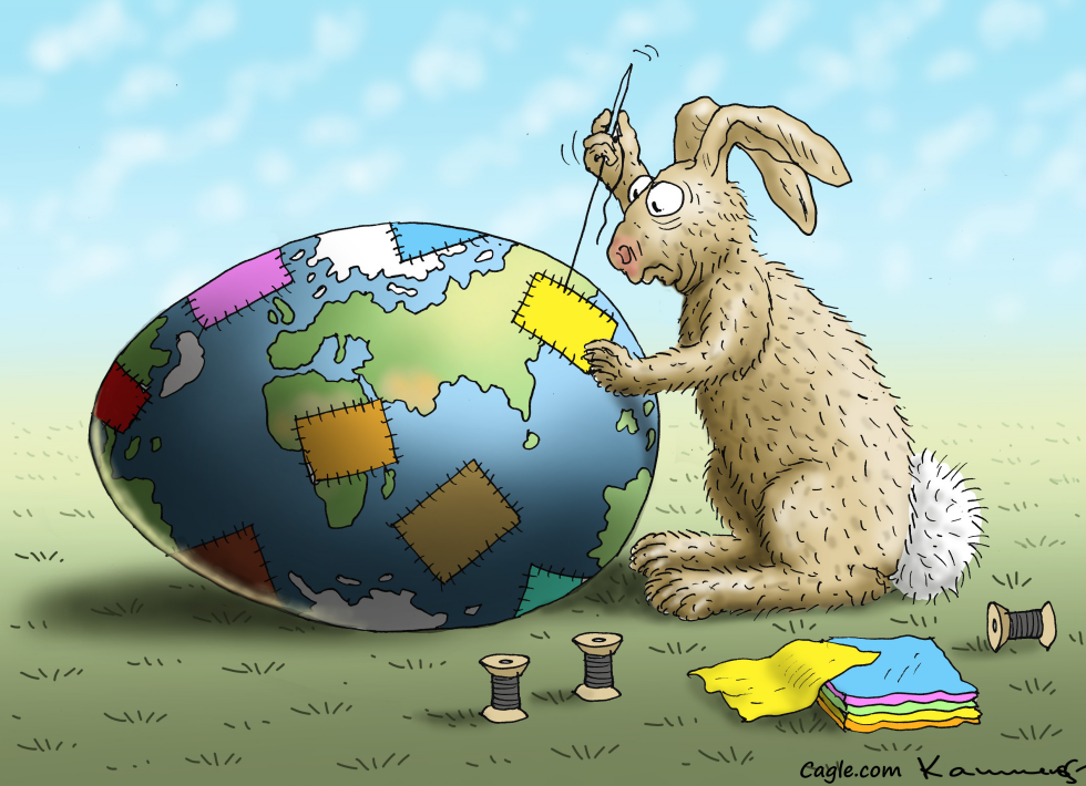 Easter Bunny Patches Fractured Globe in Seasonal Metaphor
