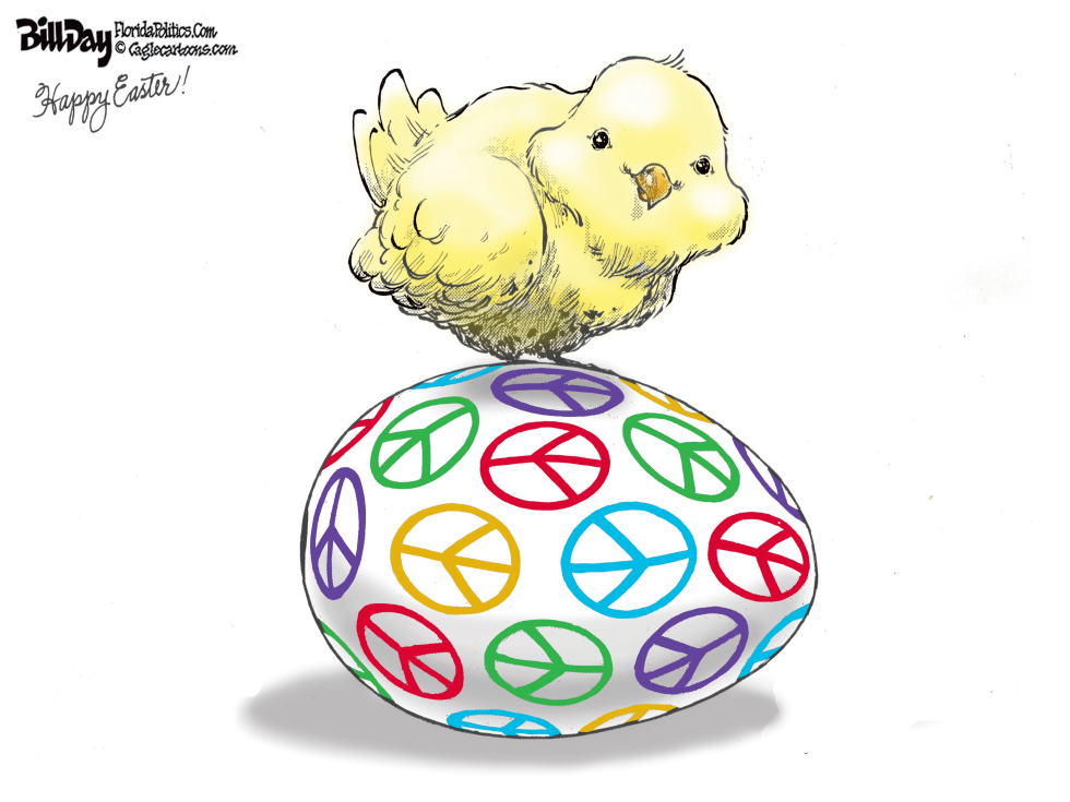 Yellow chick stands on Easter egg covered in peace symbols