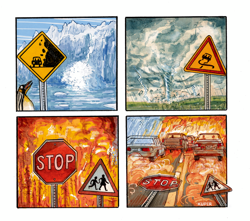 Climate Warning Signs Use Road Symbols to Show Escalating Environmental Threats