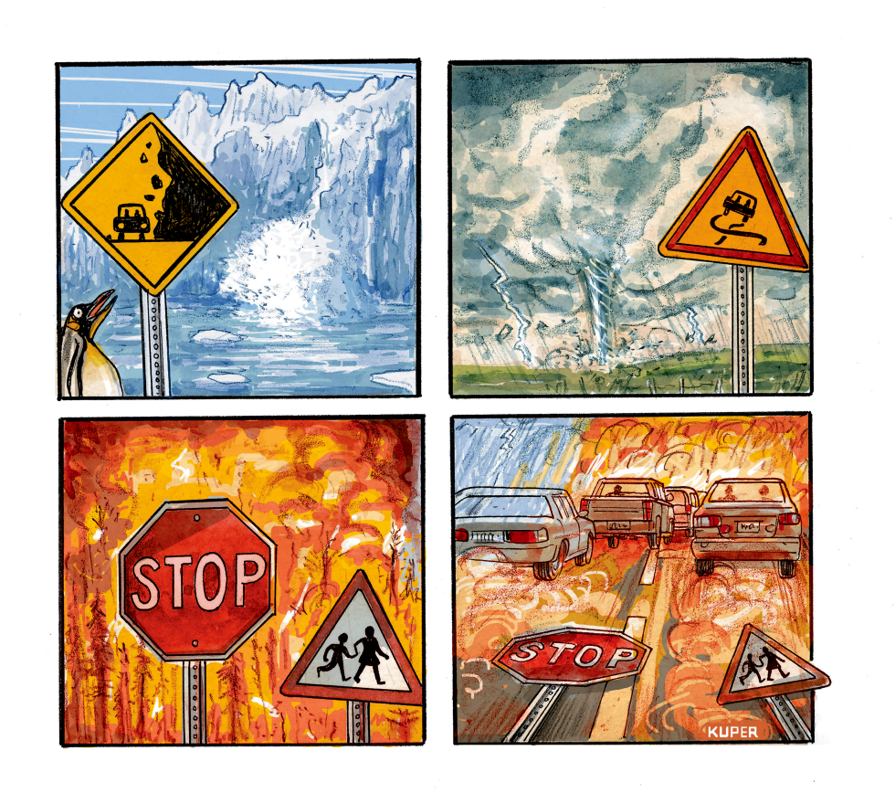Climate Warning Signs Use Road Symbols to Show Escalating Environmental Threats
