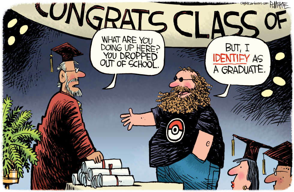 Cartoon Shows Dropout Claiming Graduate Status at Ceremony