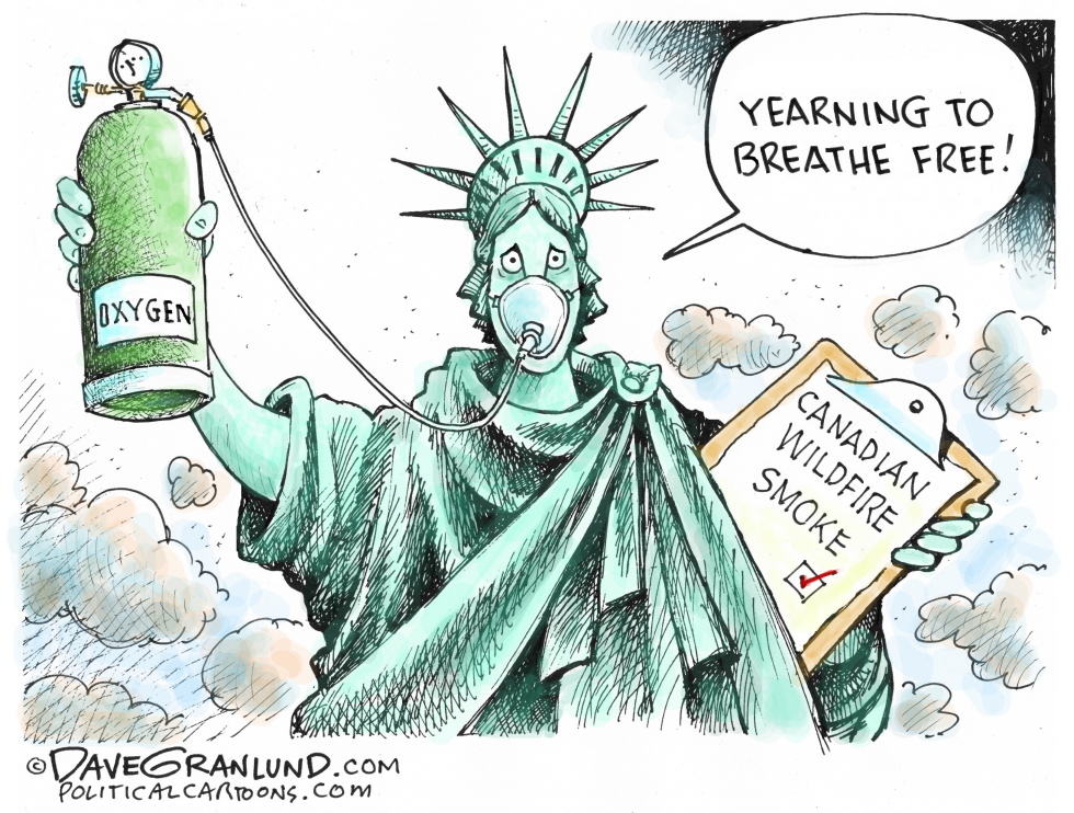 Statue of Liberty holds oxygen tank while wearing mask amid smoke