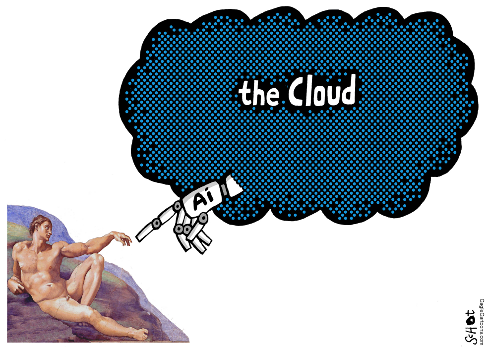 AI Robotic Hand Extends from Cloud Toward Human Figure