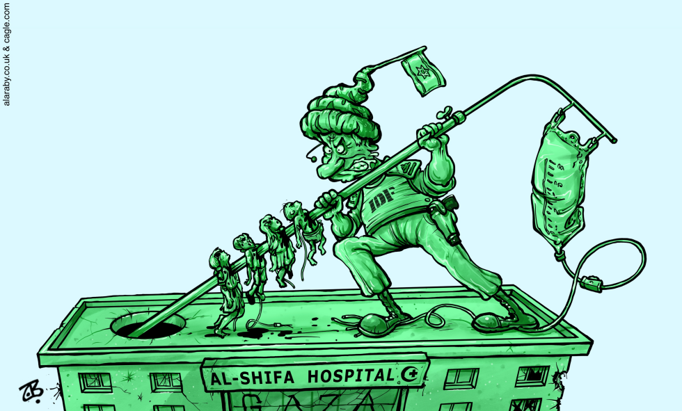IDF raid on Al-Shifa Hospital shown with Netanyahu figure