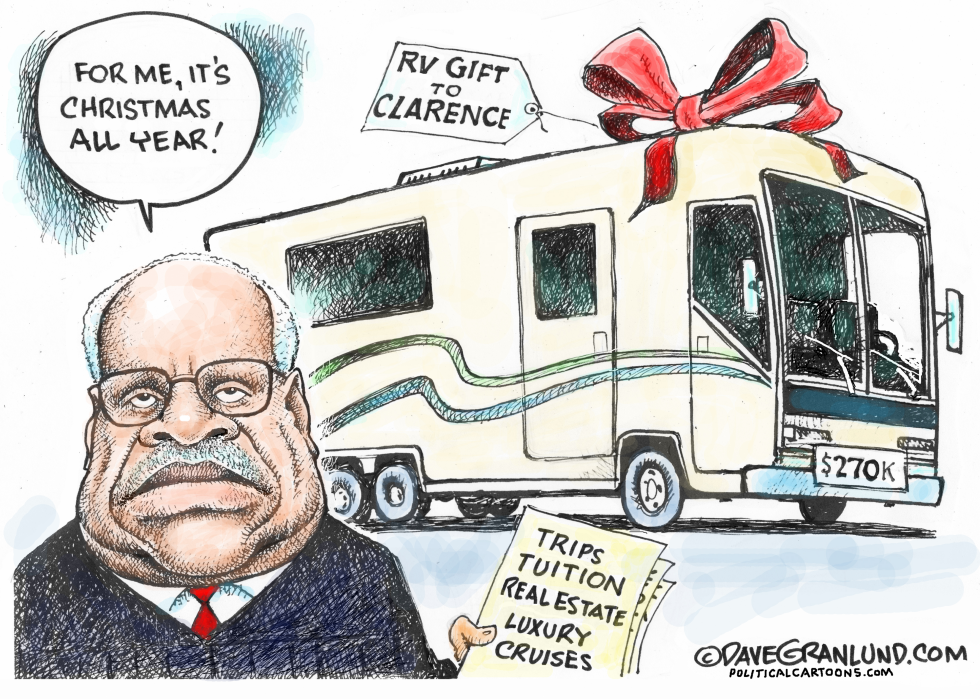 In this political cartoon, Clarence Thomas receives an RV gift worth $270k, along with trips and luxury cruises, declaring it's Christmas all year.