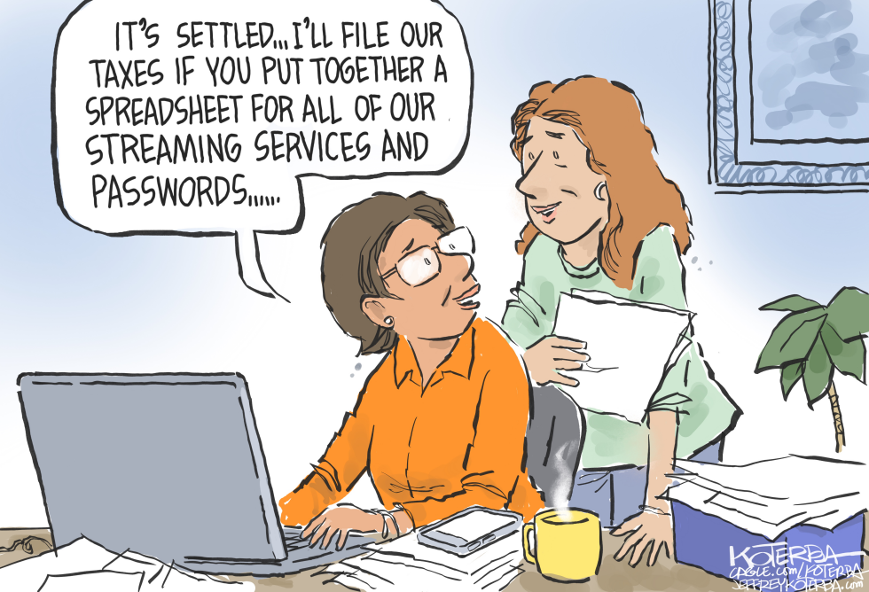 Couple Divides Tax and Streaming Password Duties in Koterba Cartoon