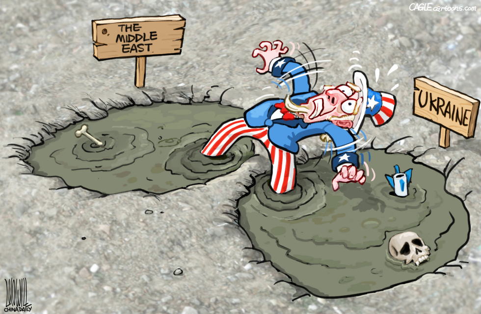 Uncle Sam sinks in Middle East and Ukraine mud pits amid ongoing wars.