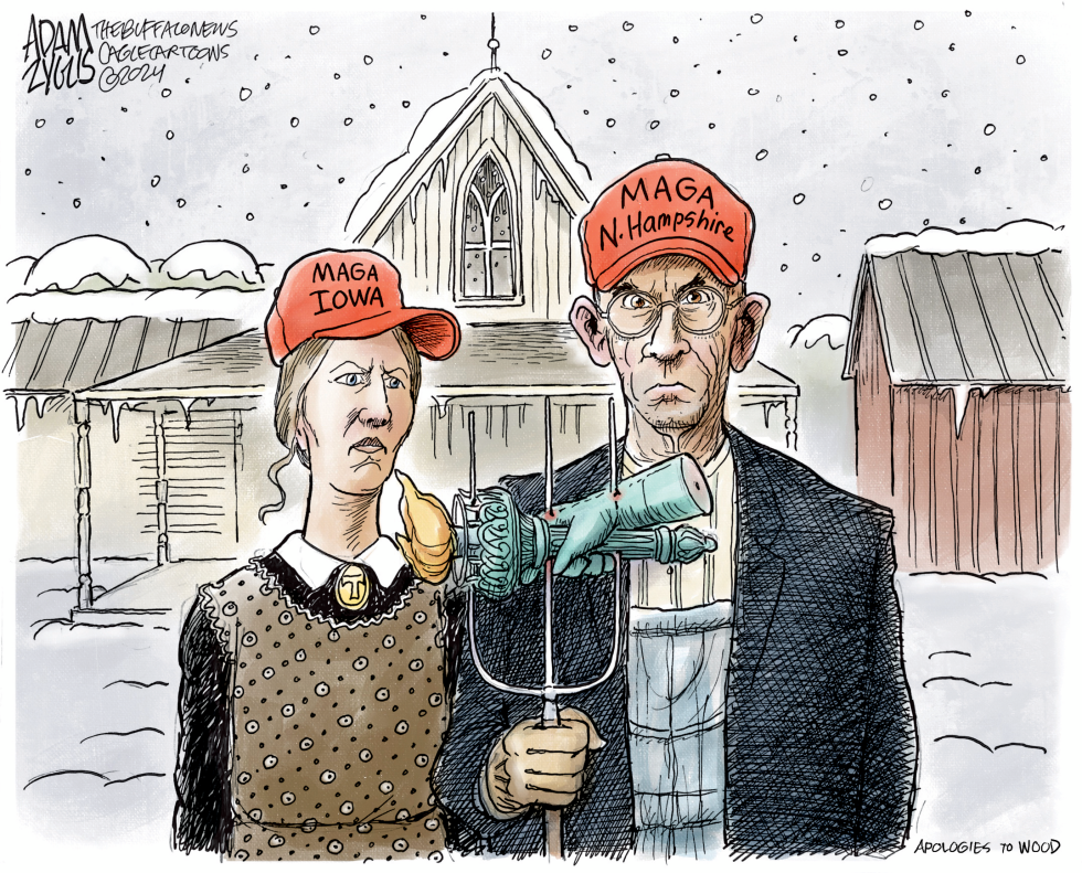 MAGA Figures Parody American Gothic in GOP Primary Season