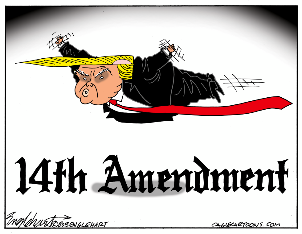 Trump Depicted Leaping Over 14th Amendment Text