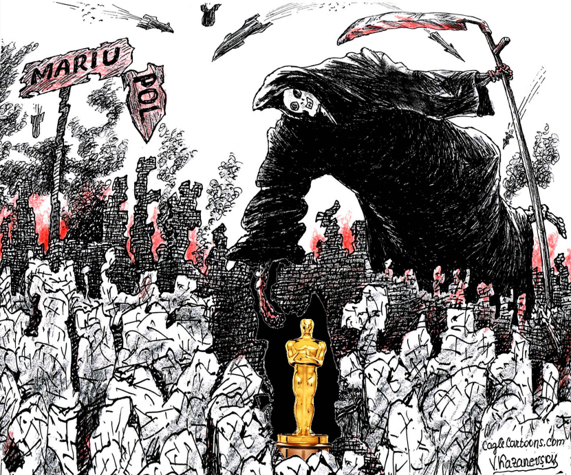 Grim Reaper towers over Mariupol ruins beside Oscar statue